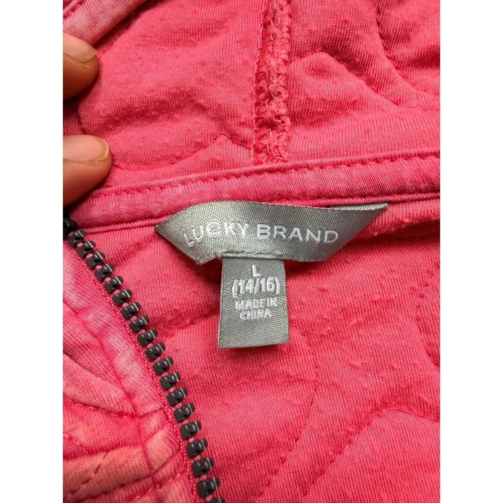 Lucky Brand Girls Pink Quilted Heart Full Zip Hoodie Jacket Clover Charm Size L